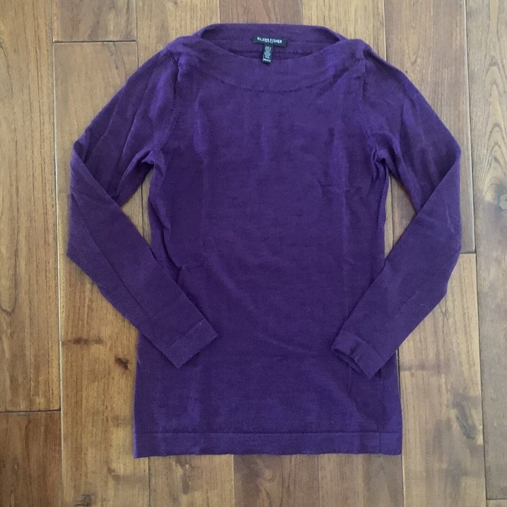 Eileen Fisher Petite xs Italian Merino Wool Boatneck Tunic Sweater Top Plum - Picture 2 of 7